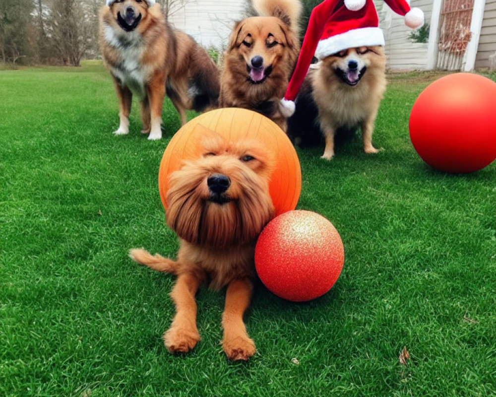 Four Dogs in Santa Hats with Orange Ball and Red Ornaments on Grass