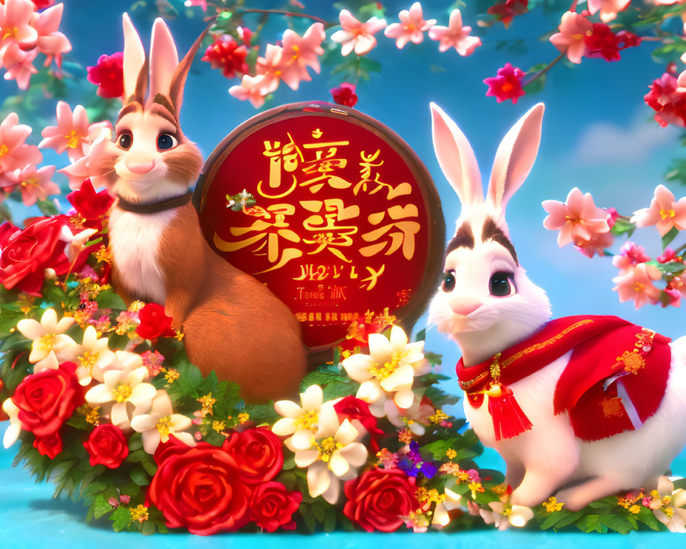 Colorful Flowers Surround Two Animated Rabbits Under Blue Sky