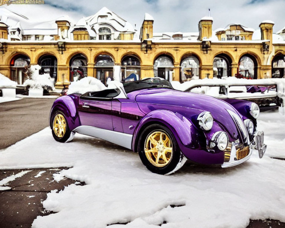 Purple Vintage Car with Golden Wheels Parked in Snow in Front of Ornate Yellow Building