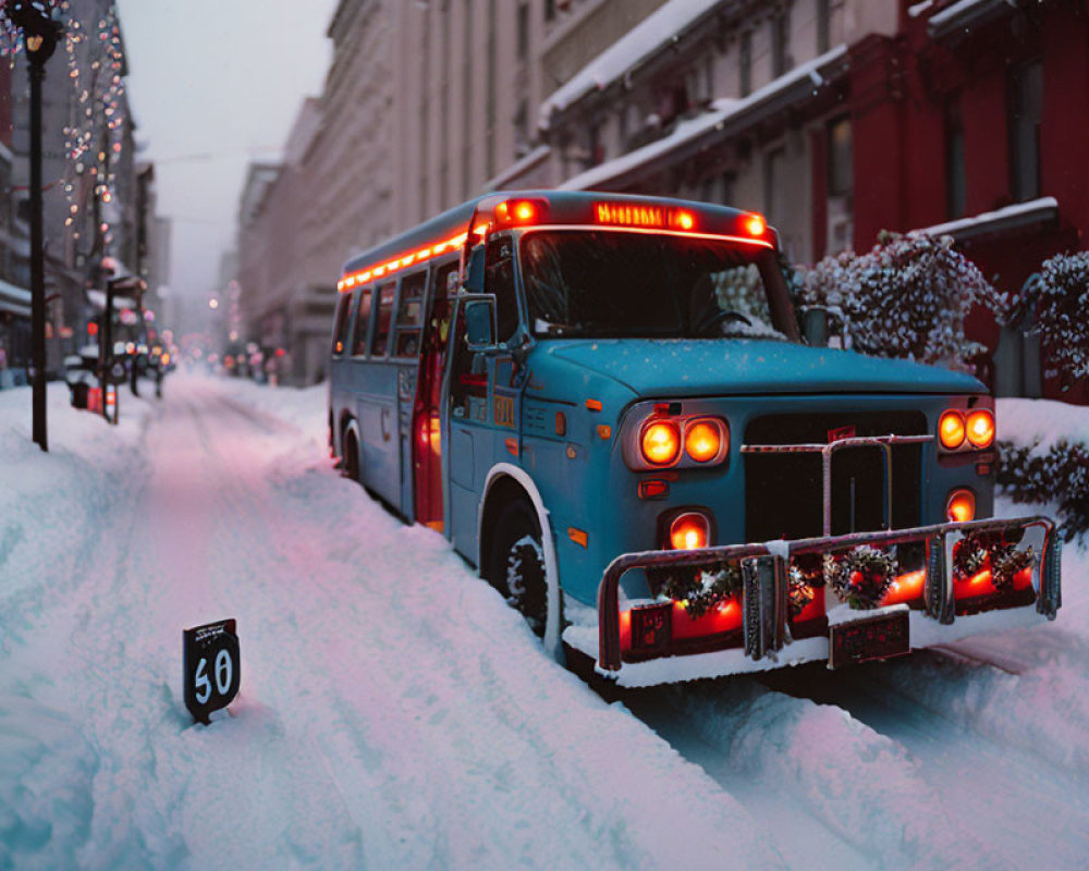 Blue bus with festive lights on snow-covered road in wintry city.