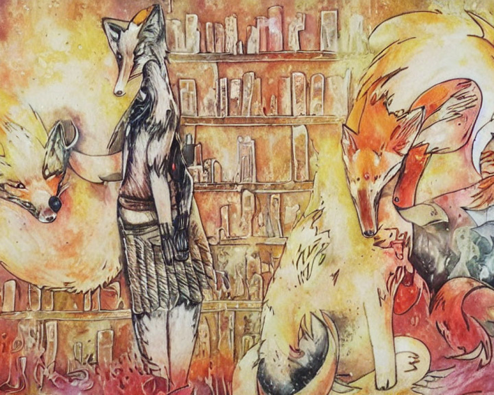 Whimsical watercolor illustration of anthropomorphic foxes in vibrant orange hues