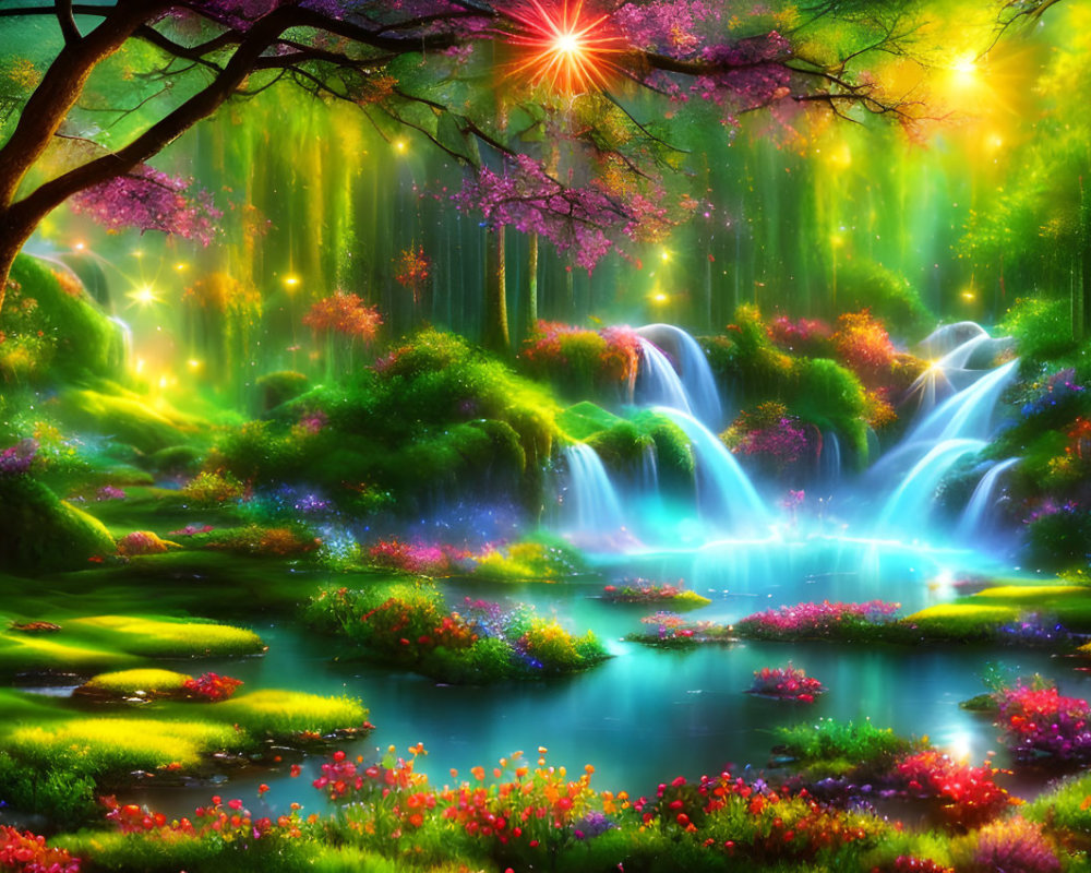 Lush Fantasy Forest with Colorful Flora and Magical Lights