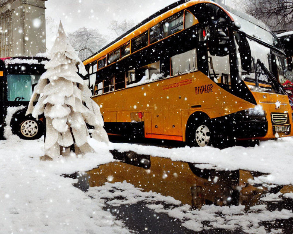 Snowy Street Scene: School Bus, Christmas Tree, Snowflakes, Puddle