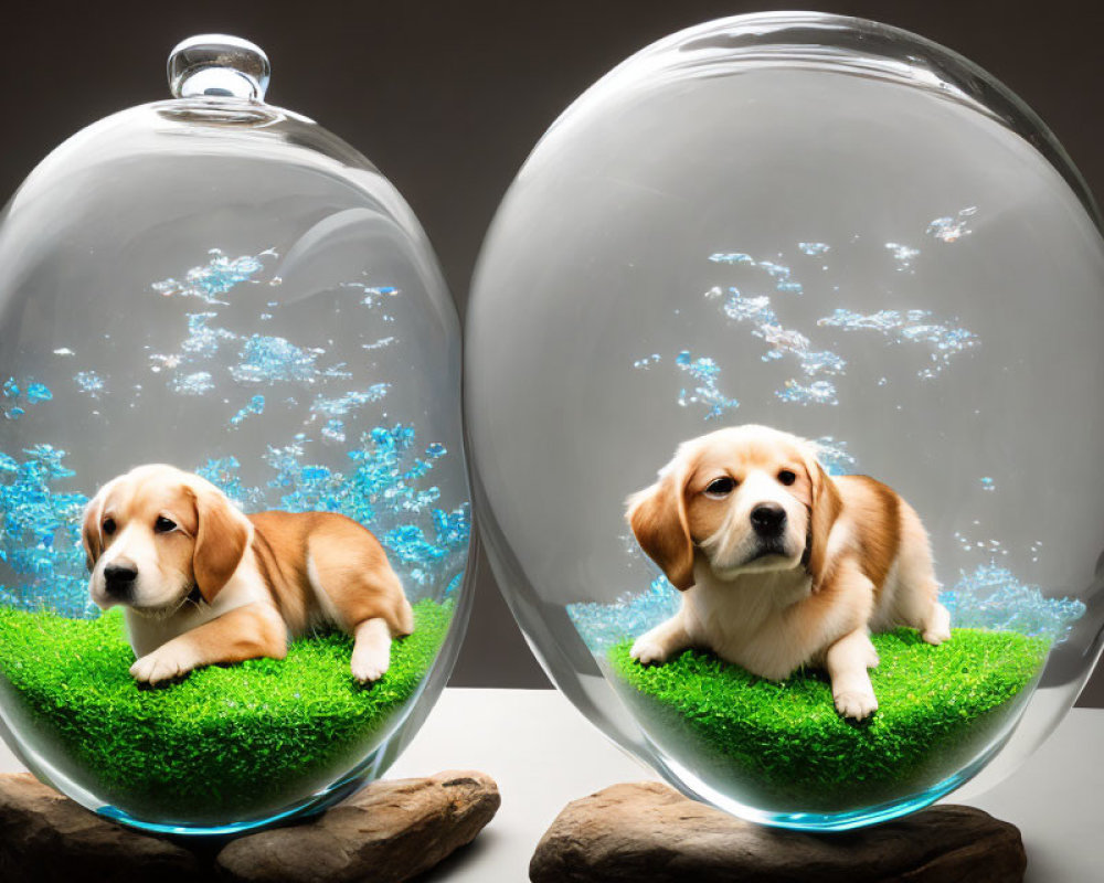 Two puppies in transparent spherical containers with fake grass and blue sky background.