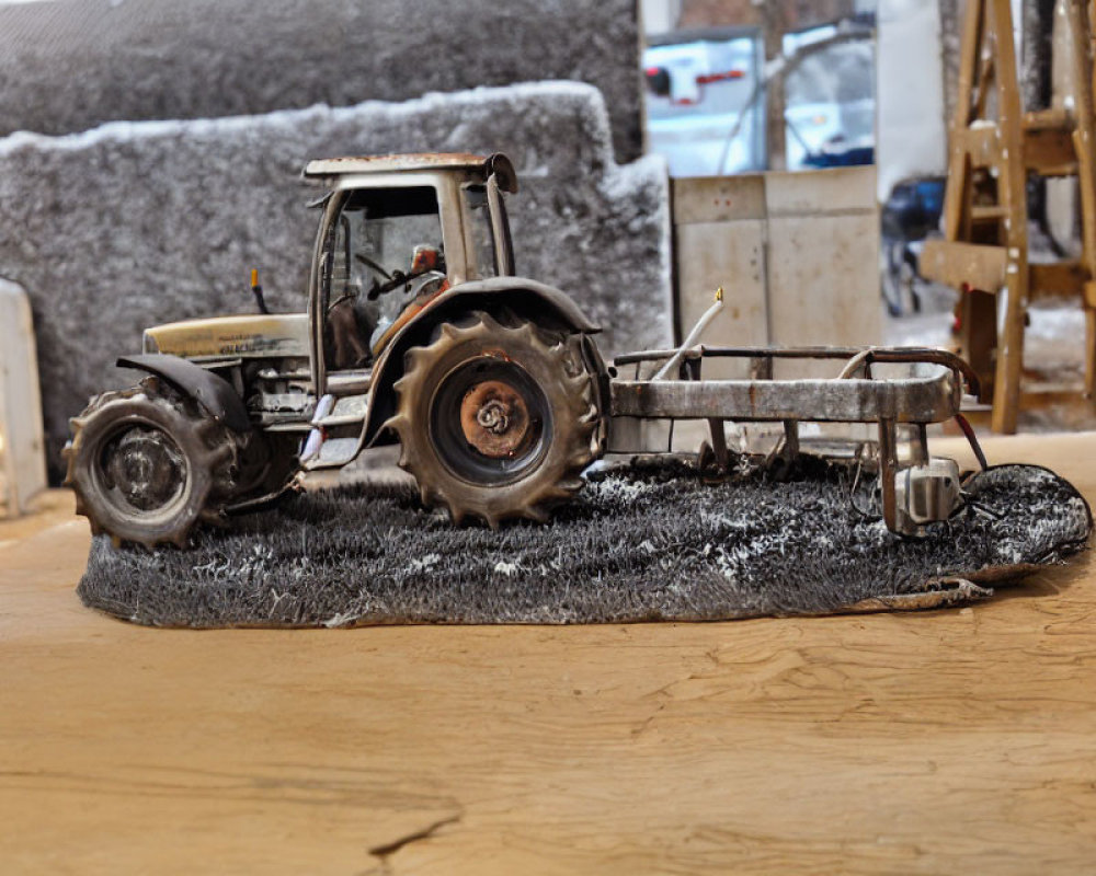 Miniature Tractor with Trailer on Model Base: Detailed Indoor Display with Realistic Dirt Effects