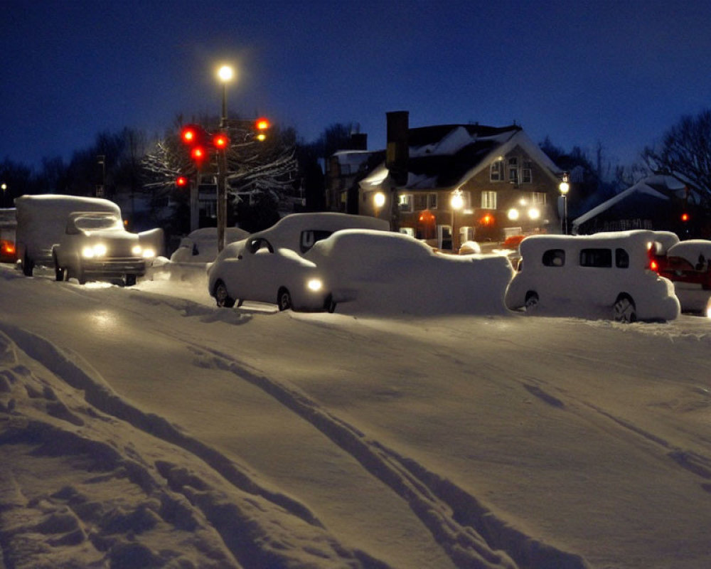 Snow-covered vehicles on street at night with red traffic lights