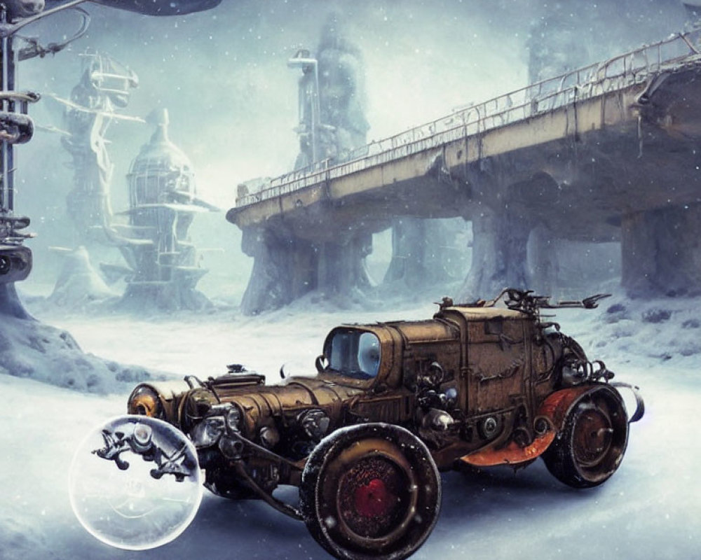 Steampunk vehicle on snowy landscape with futuristic towers under blue sky