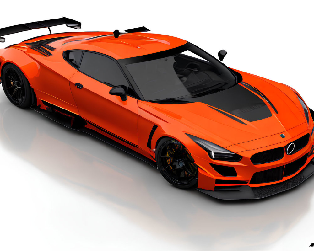 Vibrant orange sports car with large rear wing and black rims