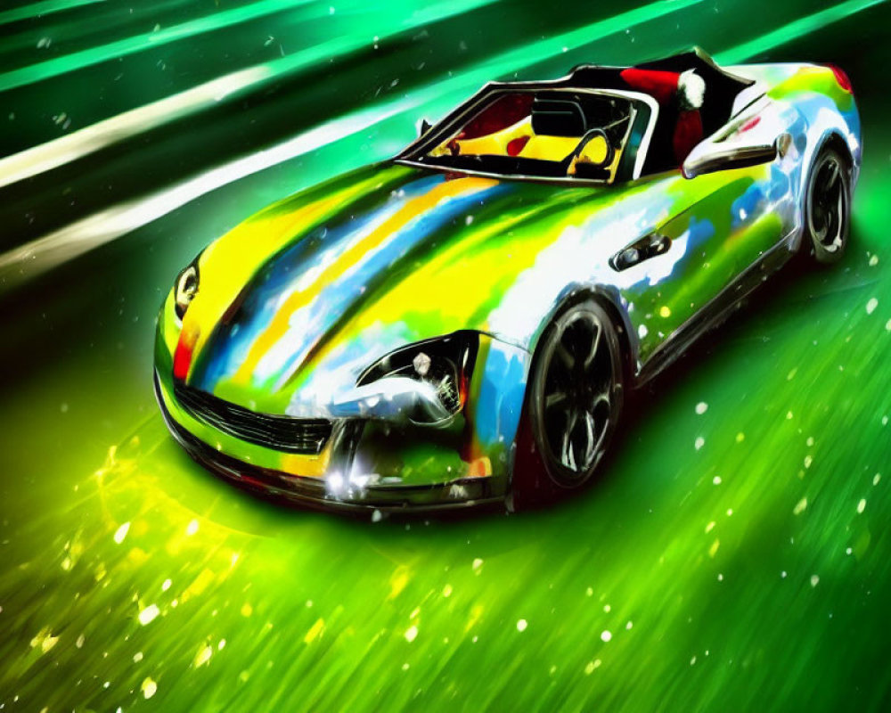 Colorful Sports Car Speeding on Dynamic Green Background