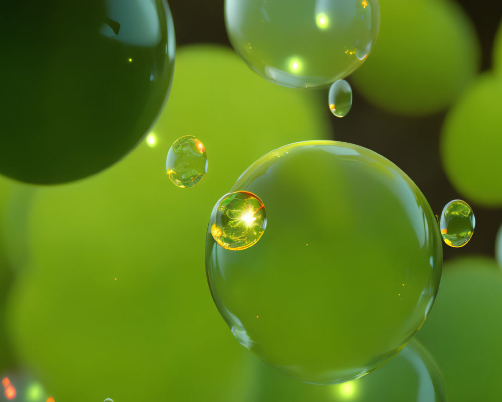 Green bubbles in various sizes with light reflections on dark background