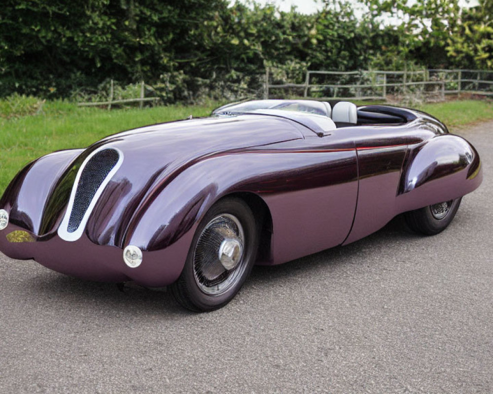 Classic Maroon Sports Car with Chrome Accents on Road with Greenery