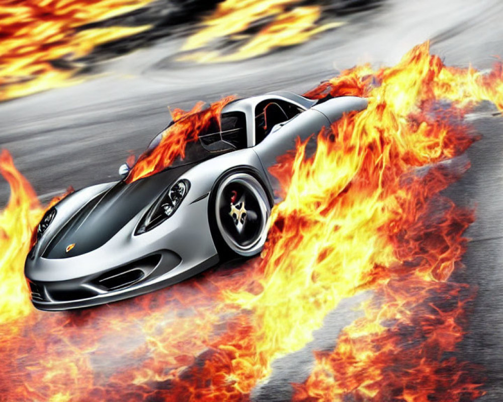 Silver sports car with flame designs speeding on racetrack