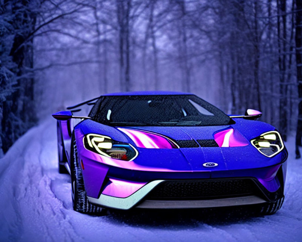 Blue sports car with purple accents on snowy forest road at twilight