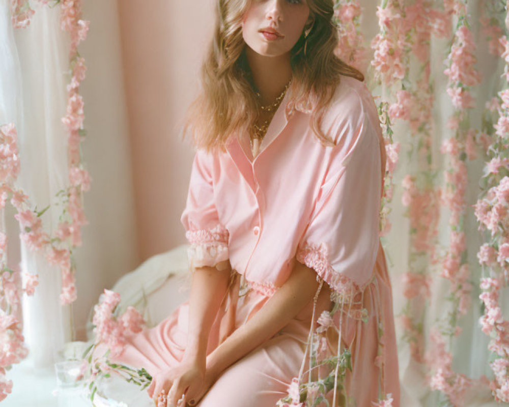 Elegant woman in pink outfit among pink blossoms and sheer curtains