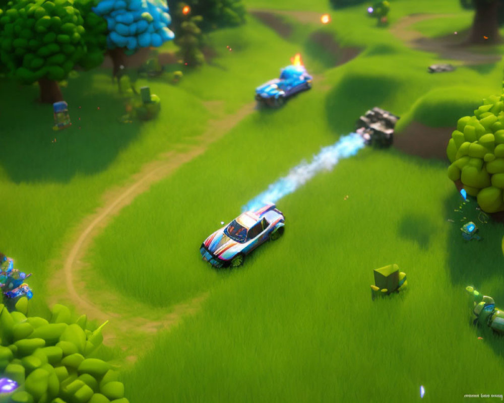 Colorful police car chase on vibrant grassy landscape with blue smoke and cartoonish trees