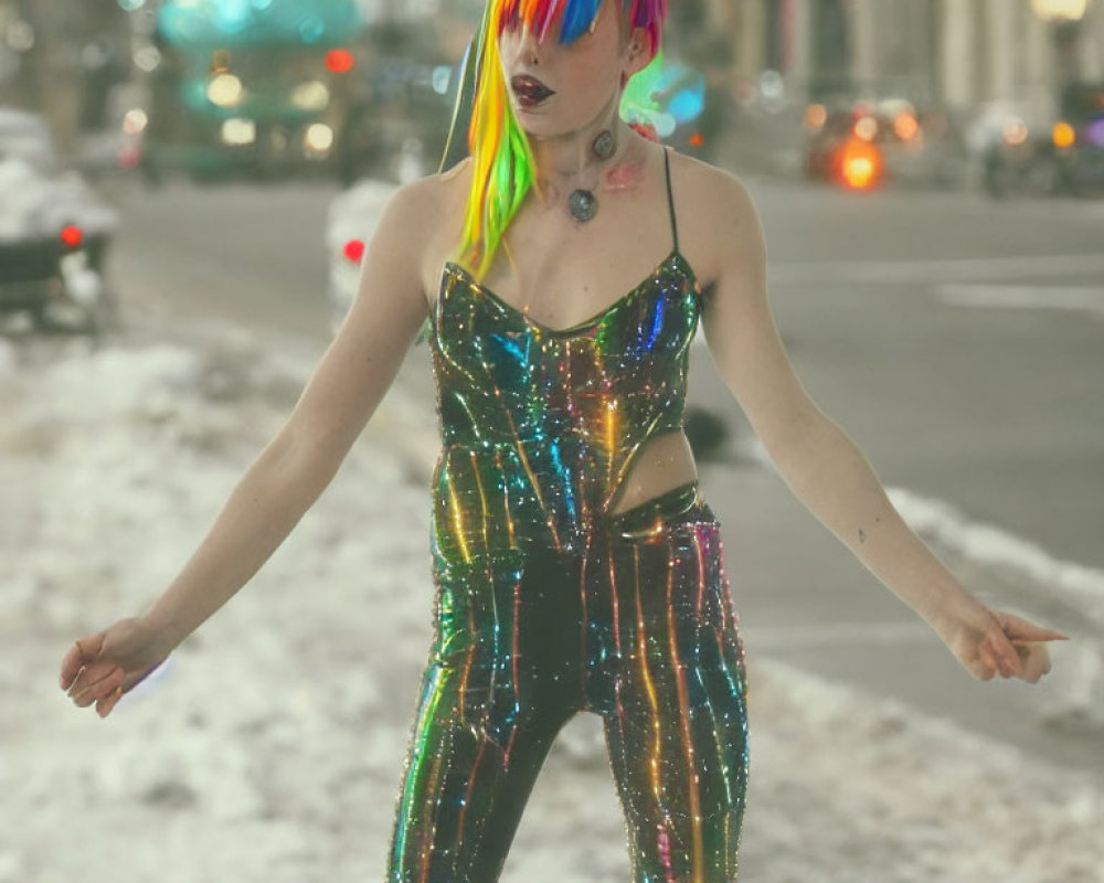 Colorful individual with metallic attire in urban setting.