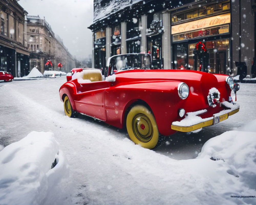 Vintage red convertible car with snowflakes on snowy street surrounded by elegant buildings