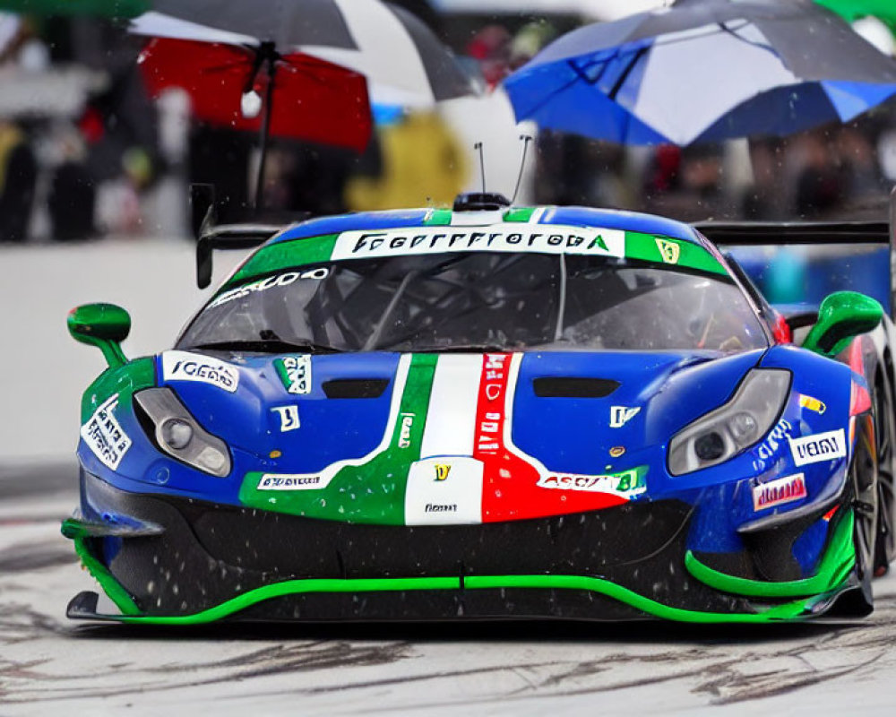 Italian Flag Colored Racing Car Speeds on Wet Track with Spectators and Umbrellas