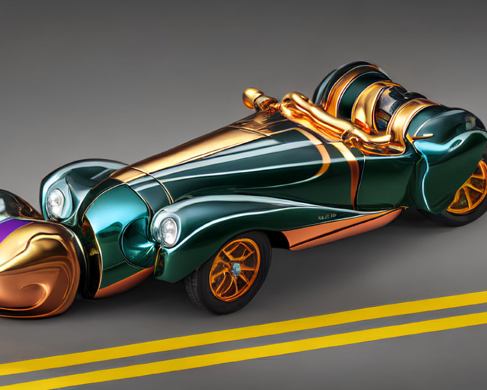 Futuristic green and golden car on gray surface with yellow road lines