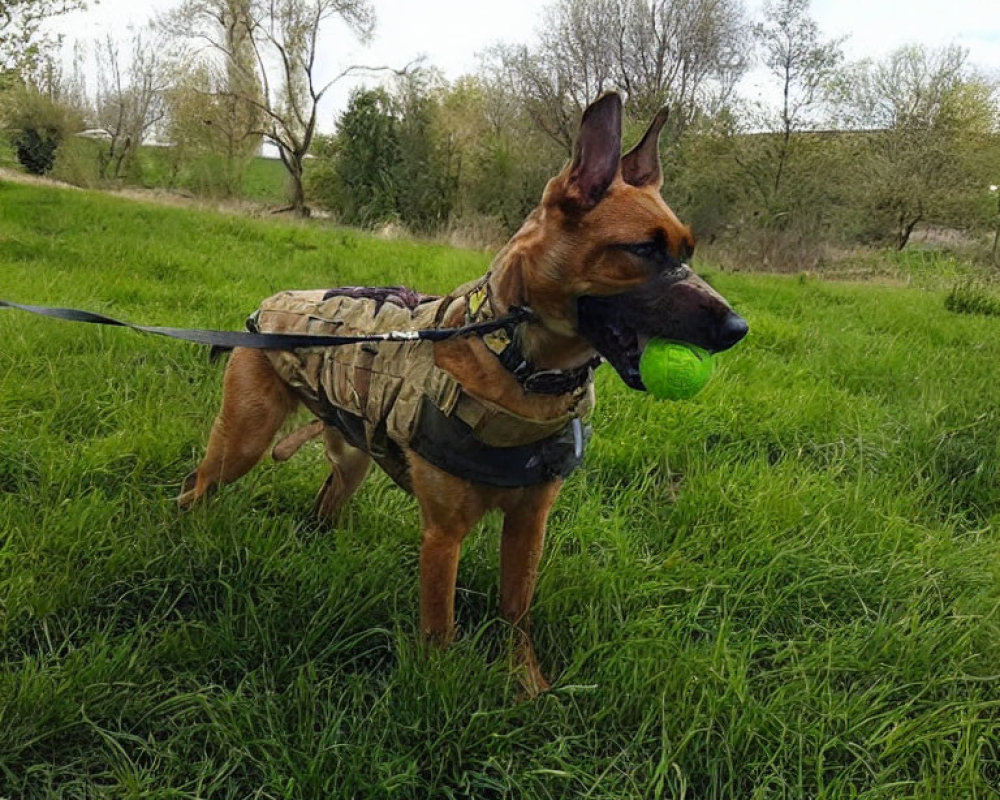 Camouflaged dog in vest with green ball on grass with trees