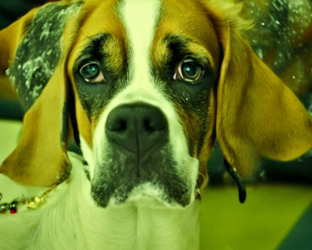 Beagle with soulful eyes and droopy ears on green background