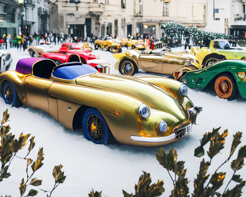 Vintage cars in snowy urban scene with golden car upfront