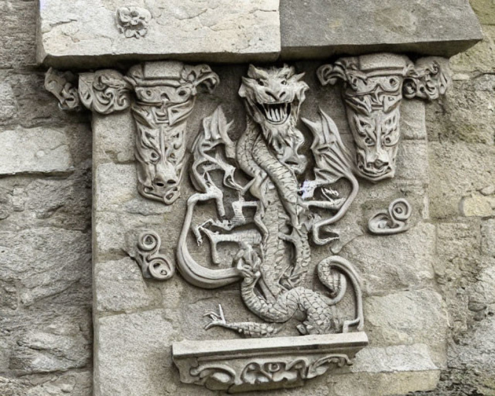 Intricate Dragon Bas-Relief Sculpture on Stone Wall