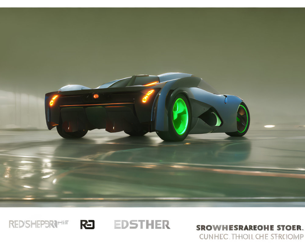 Futuristic Concept Car with Glowing Green Wheels and Aerodynamic Design