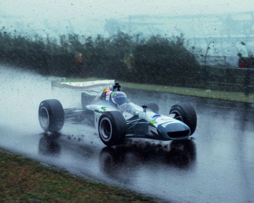 Speeding Racing Car on Wet Track in Heavy Rain