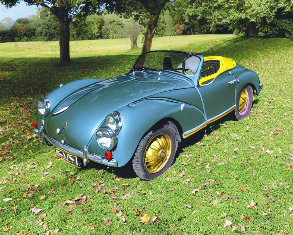 Classic Two-Tone Convertible Car with Yellow Wheels on Grass Field