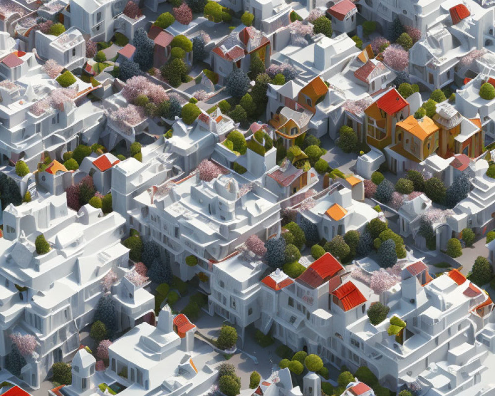 Stylized urban area with white buildings and pink trees aerial view