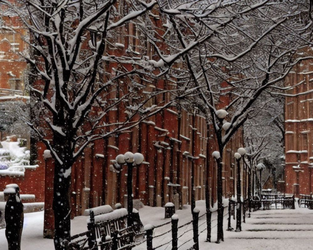 Snowy City Street Scene with Bare Trees, Lampposts, Benches, and Red Brick