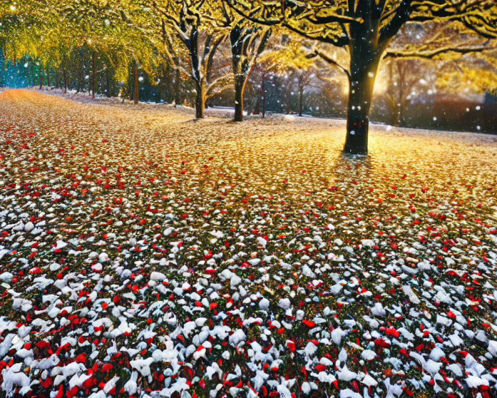 Vivid Autumn Landscape with Golden Leaves, Red Foliage, and Fresh Snowfall