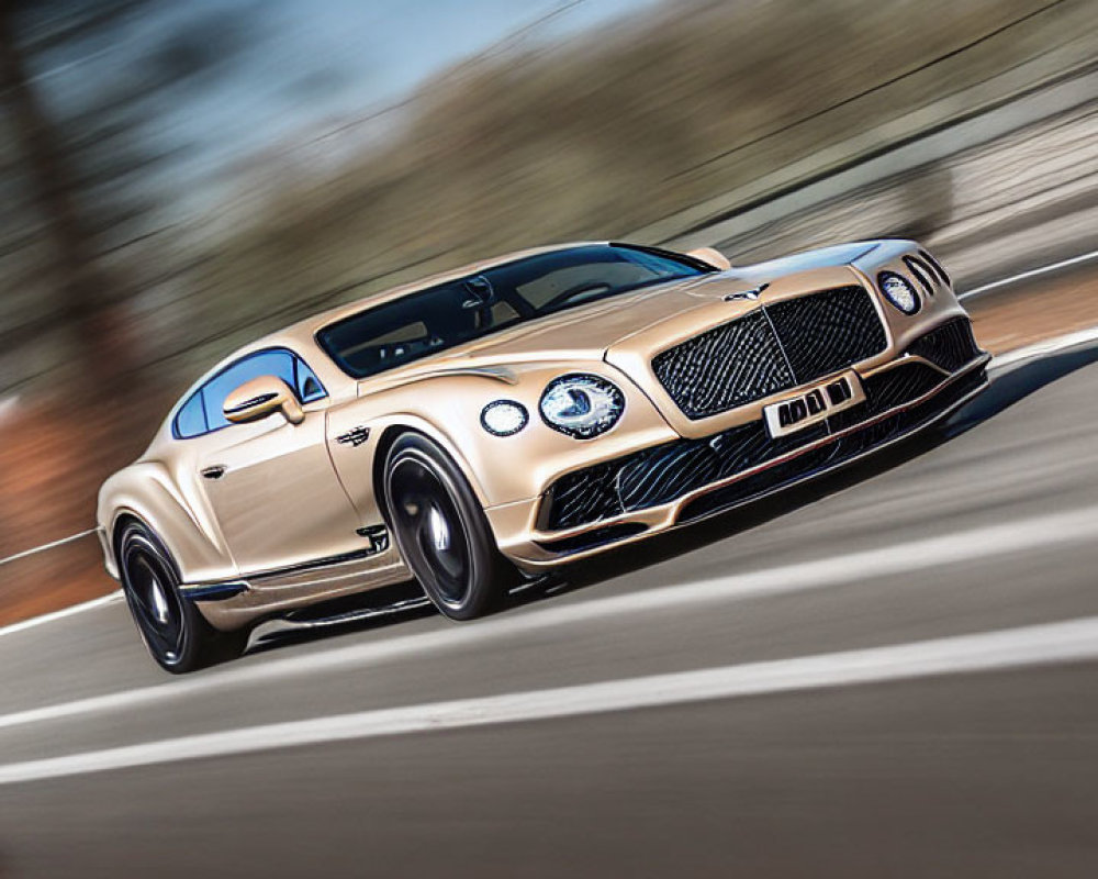 Luxurious Gold Bentley Continental GT Speeding on Blurred Road