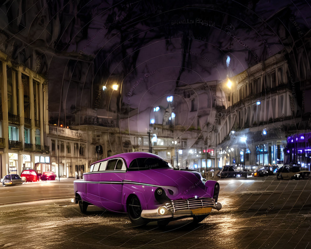 Vintage Purple Car Parked on City Street at Night with Blurred Vehicles and Illuminated Buildings