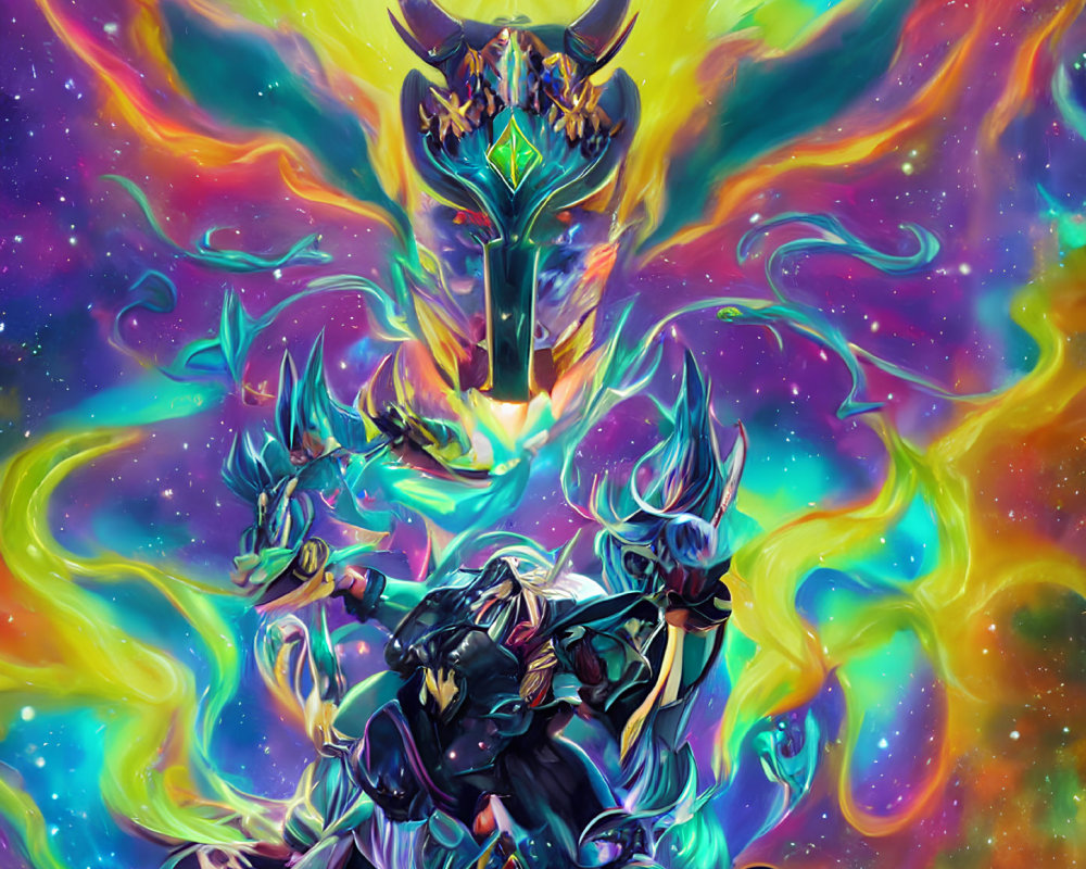 Colorful fantasy artwork: Armored warrior with horns and sword in vibrant nebula.