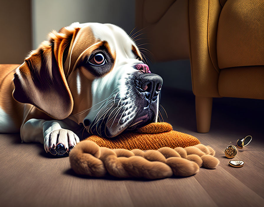 Beagle dog resting on floor near wedding rings