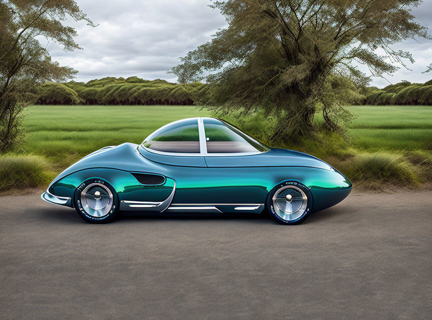 Teal futuristic car with bubble canopy in nature setting