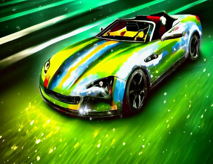 Colorful Sports Car Speeding on Dynamic Green Background