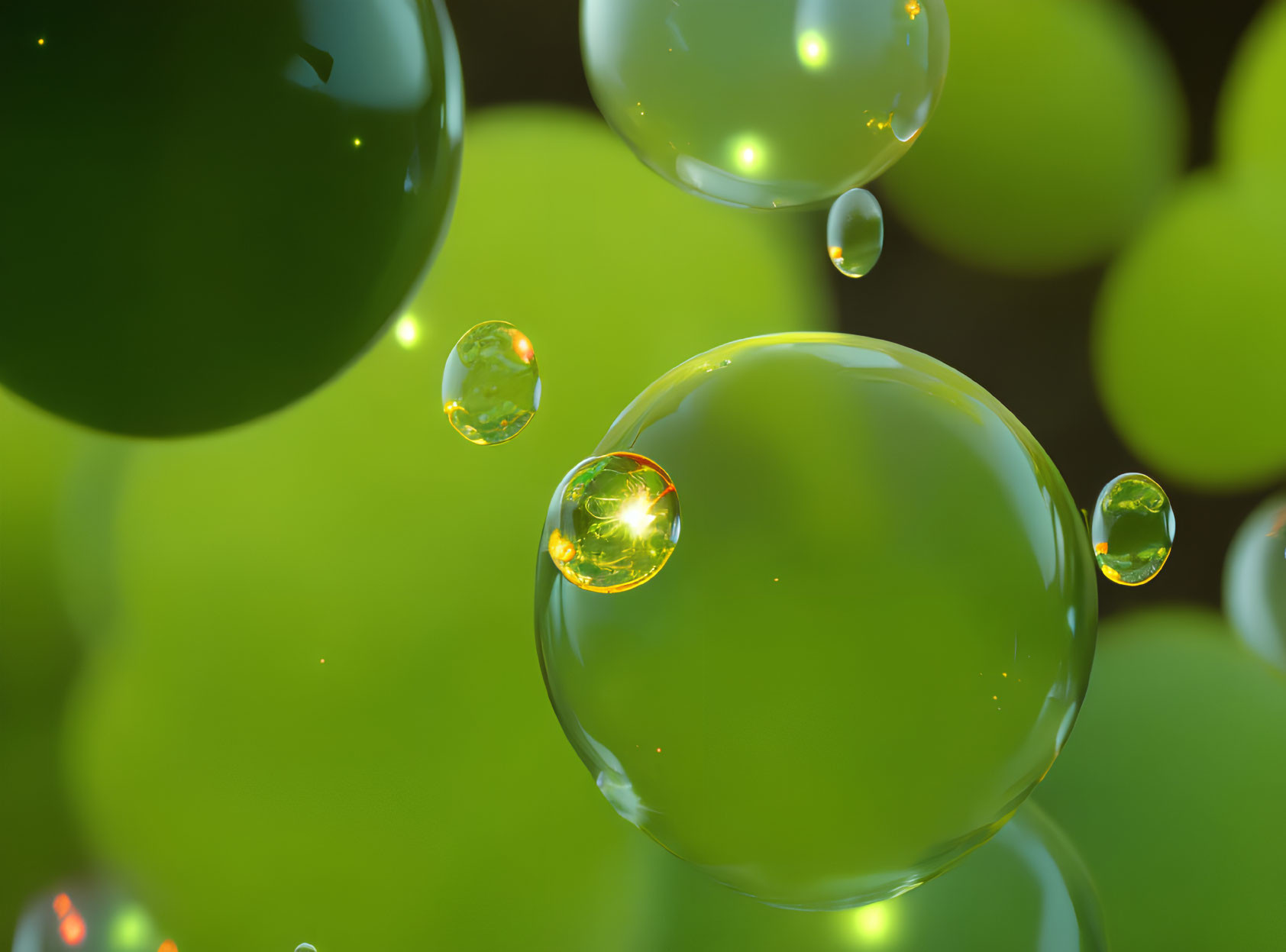 Green bubbles in various sizes with light reflections on dark background