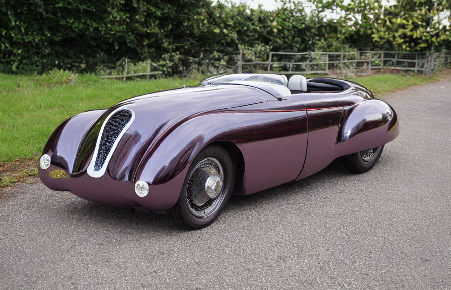 Classic Maroon Sports Car with Chrome Accents on Road with Greenery