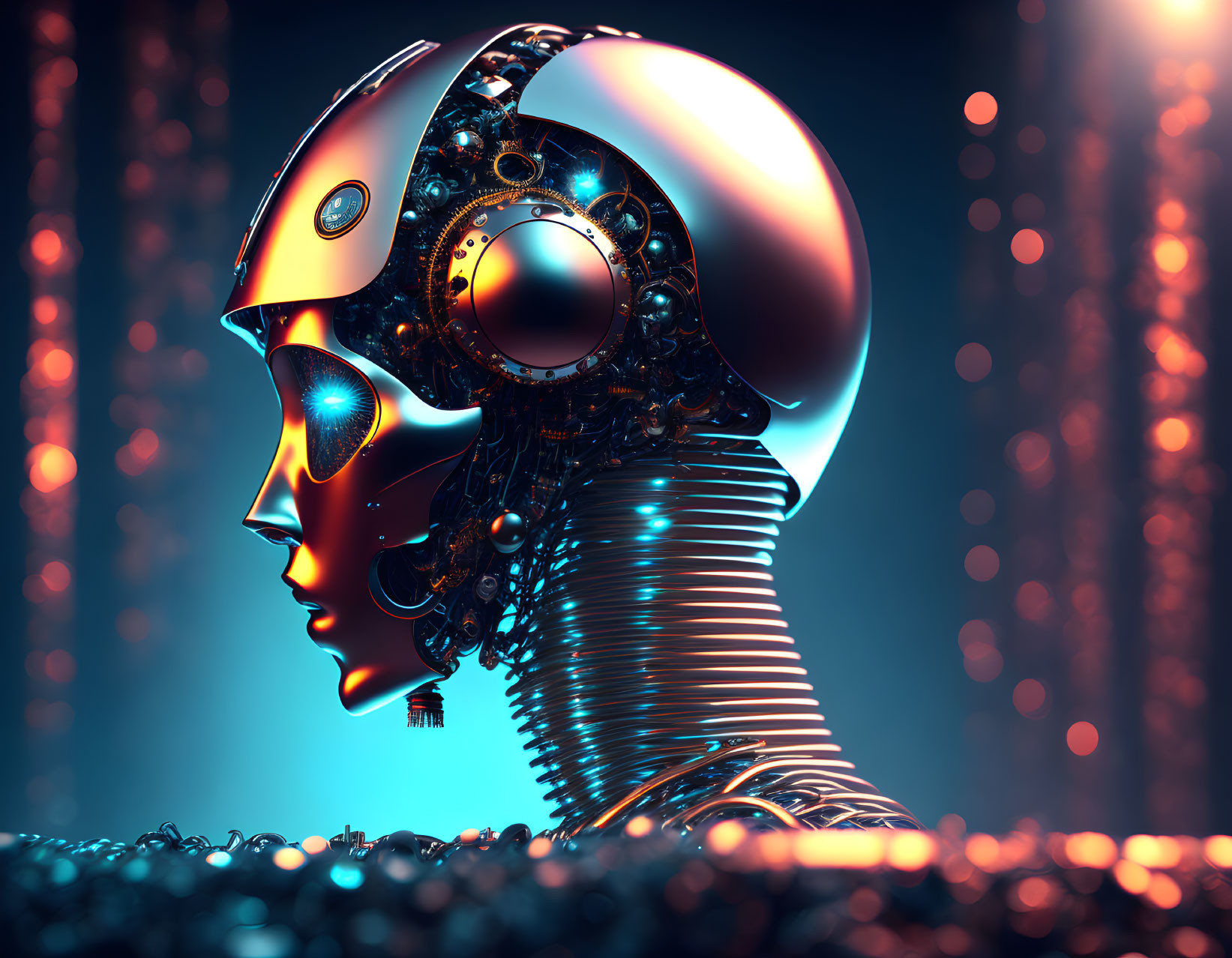 Detailed futuristic robotic head with gears and lights profile view