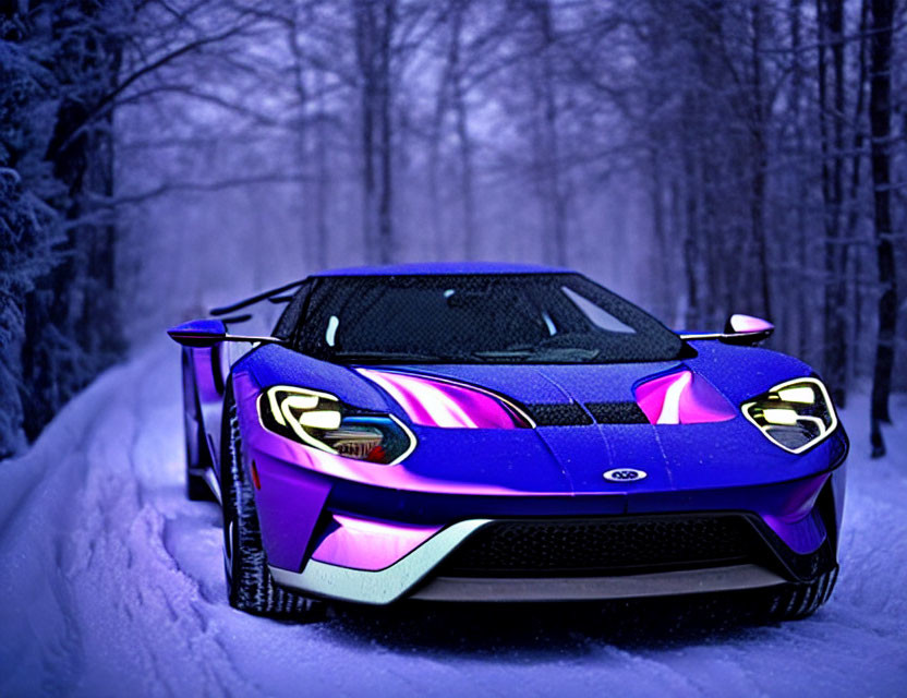 Blue sports car with purple accents on snowy forest road at twilight