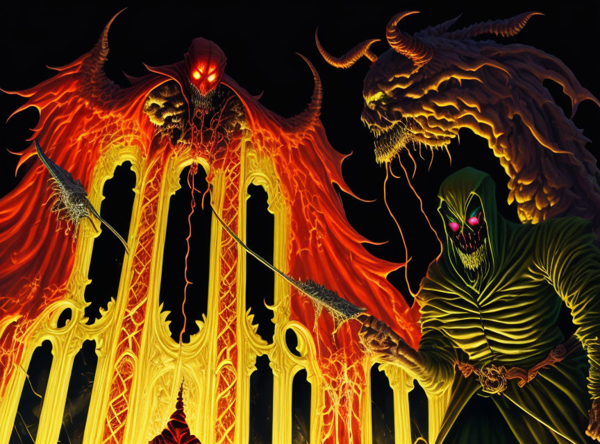 Hooded figure with glowing staff confronts fiery winged creature in gothic setting