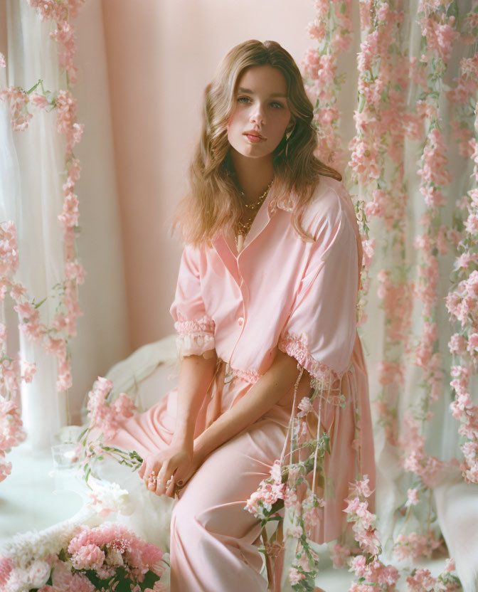 Elegant woman in pink outfit among pink blossoms and sheer curtains