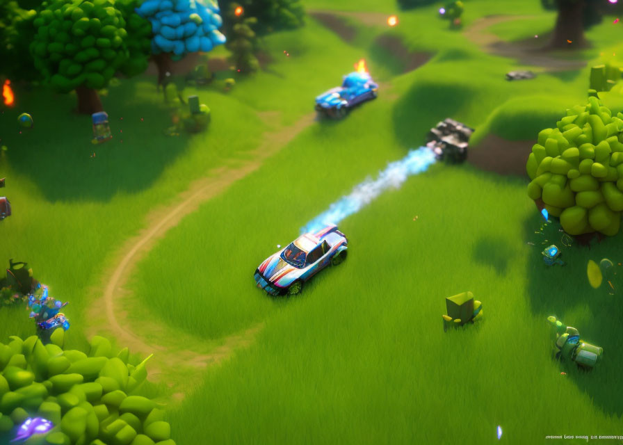 Colorful police car chase on vibrant grassy landscape with blue smoke and cartoonish trees