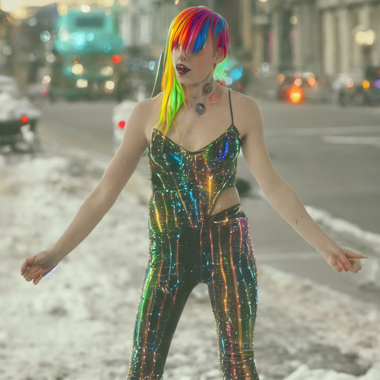 Colorful individual with metallic attire in urban setting.