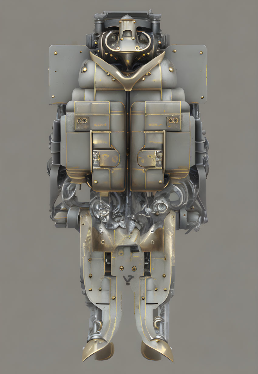 Futuristic heavy armored robot with gold accents on gray background