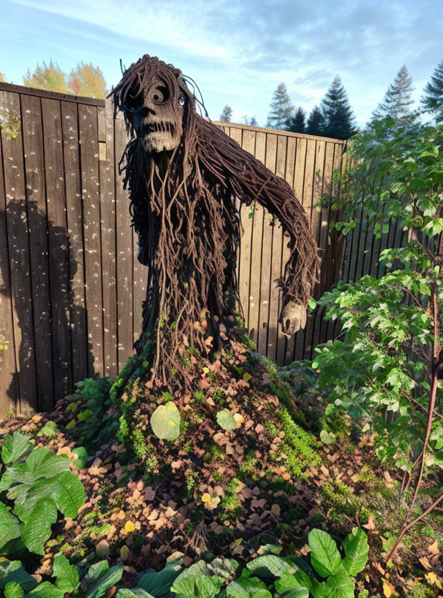 Humanoid Figure Sculpture Among Natural Materials and Greenery