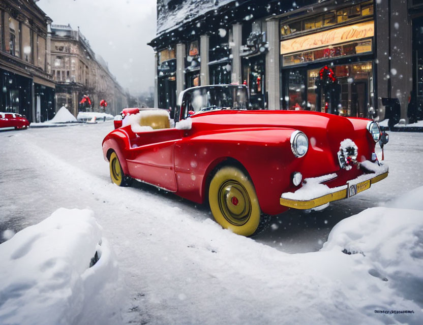 Vintage red convertible car with snowflakes on snowy street surrounded by elegant buildings